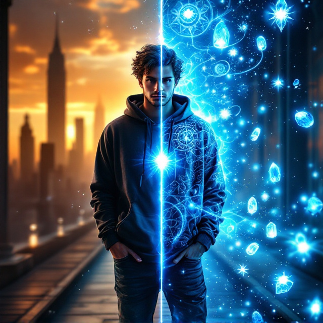 The cover is split vertically down the center, with Jax placed at the division. His left side showcases him in casual contemporary clothing a hoodie and jeans, set against a warmly lit modern cityscape at sunset with silhouettes of skyscrapers. His right side transitions to flowing robes adorned with intricate, glowing magical symbols. The background on this side is a mystical sanctuary filled with floating crystalline orbs emitting soft, blue luminescence. Ethereal architecture fades into the distance, with wispy magical energy swirling between the two halves and melding seamlessly. The Astral Stones, crystalline objects trailing radiant light, spiral around Jax, visually connecting the two worlds.