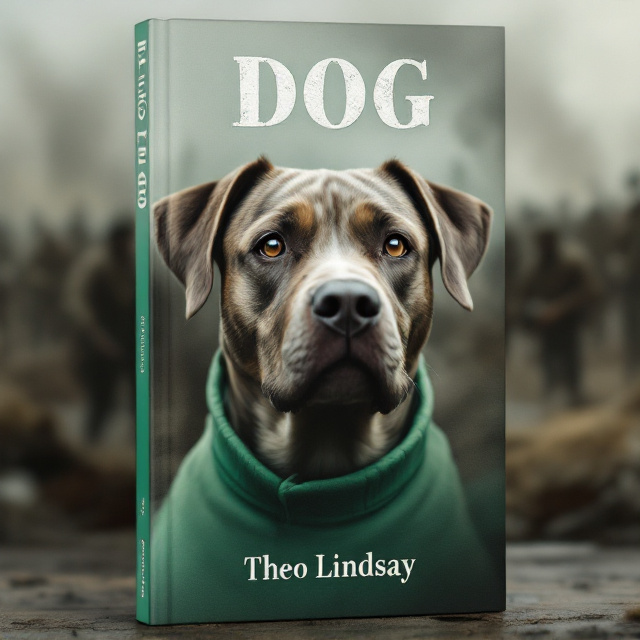 A half-Labrador, half-bulldog dog portrayed in strong, lifelike detail, takes center stage. Its stance is loyal yet pensive, with intelligent, soulful eyes looking out to the viewer. Behind the dog, a blurred war scene unfolds silhouettes of soldiers advancing across a smoky battlefield. The scene is tonally muted with shades of greys and browns, creating a stark contrast to the vibrant emerald green collar the dog wears. The emerald hue spreads subtly across the bottom half, giving hope and life amidst the grim imagery.