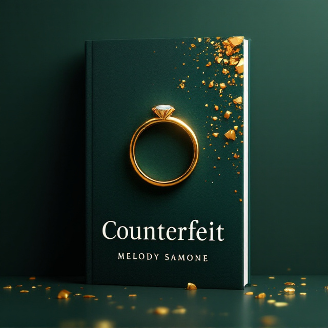 A dark green textured background with a gold engagement ring placed precisely in the center. The ring appears highly detailed, with its polished surface emitting a faint glow. On the right side of the ring, the dispersion effect scatters small fragments of gold, resembling broken pieces disintegrating into the shadowy background. A subtle vignette adds depth to the design. At the bottom, the author’s name, "Melody Samone," is displayed in an elegant typeface.