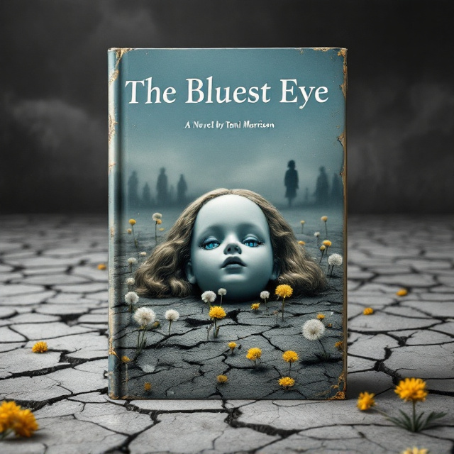 The cover depicts an ominous grayscale background with a barren, cracked ground where marigolds should have thrived. A faceless silhouette of Pecola lies in the foreground, evoking anonymity and emotional void. Behind her, a large, broken porcelain doll with piercing blue eyes stares forward, its vivid blue a stark contrast against the somber tones. Surrounding the cracked earth, dandelions sprout through the cracks while some are crushed under a faint outline of a shoe, symbolizing societal oppression. Shadowy, abstract figures loom in the background, barely visible but menacing, representing the forces of societal judgment and cruelty.
