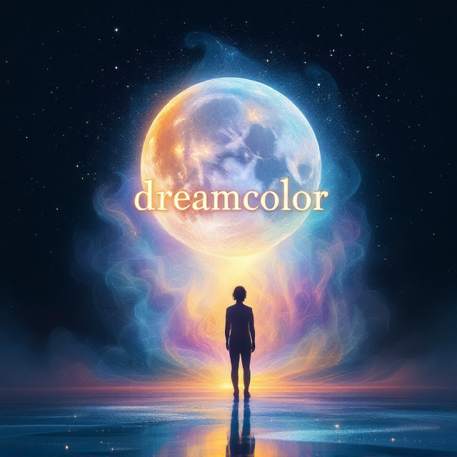 Ethereal swirls of vibrant, dream-like colors (soft blues, pinks, and purples) are layered against a dark starry night sky. A glowing full moon with intricate patterns etched in its surface sits prominently near the upper third of the cover. On the lower portion of the cover, the silhouette of a person stands in front of an abstract, shimmering pool of colors, as though staring into a portal to another world.