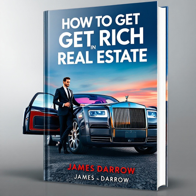 standing book mockup, Its title is "HOW TO GET RICH IN REAL ESTATE WITH OUT A LICENSE". Its author name is JAMES DARROW.  The book cover showcases a luxurious Rolls Royce Phantom in the foreground with the left rear door open. Standing elegantly by the driver's side is a gentleman in a black suit and tie, exuding confidence and success. The Rolls Royce is set against a backdrop of a serene, soft blue sky with subtle red highlights, conveying a sense of opulence and ambition. The book title "HOW TO GET RICH IN REAL ESTATE WITHOUT A LICENSE" is in a bold, sans-serif font with a sleek and modern touch, predominantly featuring a white color to stand out against the background. The author’s name, "JAMES DARROW," is placed at the bottom in a sophisticated serif font in a smaller size, with a red color for emphasis., The image of the Rolls Royce Phantom is centrally placed with the title arching over the top, creating an eye-catching effect. The author’s name is centered at the bottom, ensuring balance and readability. Emphases on color and placement allow for a harmonious blend of imagery and text.