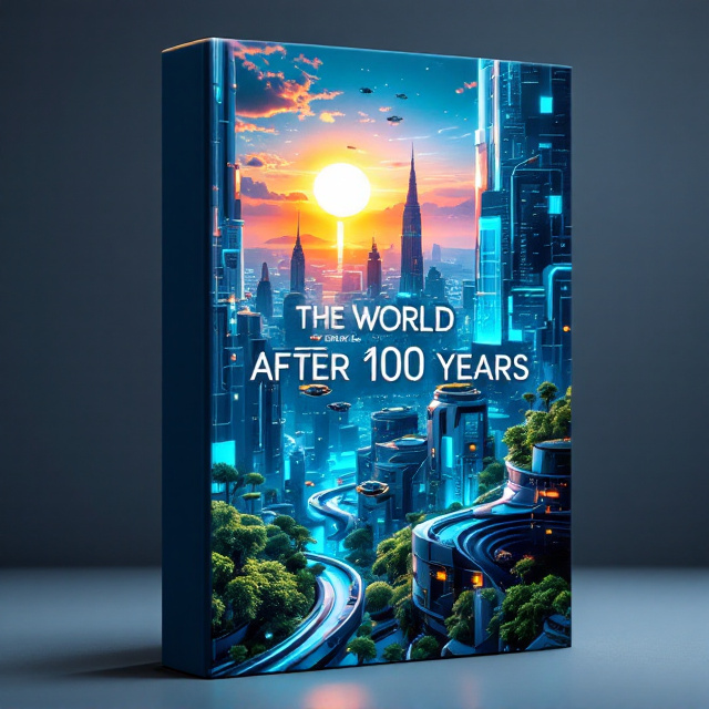 A sweeping futuristic skyline of an advanced technological city in 2125 occupies the center of the cover. Skyscrapers with holographic projections and flying vehicles hover in the neon-lit sky. A radiant golden sun rises in the backdrop, symbolizing hope and optimism. The lower portion of the cover showcases greenery—vertically planted gardens along advanced architectural structures—emphasizing sustainability. The blue and silver-toned color palette reflects a modern technological aesthetic, while soft gradients add depth.