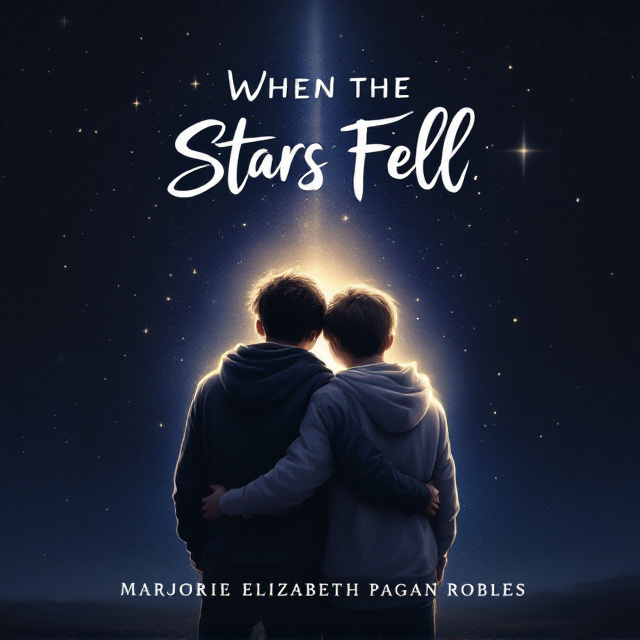 A dark celestial background featuring a starlit sky in muted tones of navy blue, black, and violet. Two boys are featured in the lower center of the cover, viewed from the back. One is a solid, realistic figure wearing a simple hoodie, while the other is semi-transparent, ethereal, and glowing faintly with a soft light. The ghostly boy’s arms are gently hugging the realistic boy from behind, evoking a poignant and emotional connection. A subtle light beam is aimed from the open sky to the boys, symbolizing a spiritual connection. The stars around them look like they are faintly falling.