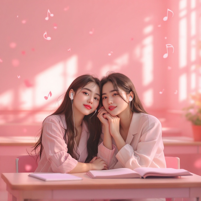 A dreamy pink-hued classroom setting surrounds the two main characters. Wonyoung (IVE) is depicted sitting at a desk, leaning slightly toward Cha Eun Woo (ASTRO), who is seated next to her, both sharing a single pair of earbuds. Their expressions are soft, as if they are lost in the music and in each other's presence. Wonyoung has her signature long, flowy hair with a pastel school uniform, while Cha Eun Woo's sharp yet approachable features are highlighted, wearing a simple yet crisp uniform. Soft musical notes float around them, blending into the pink baby tones of the background, creating a romantic and nostalgic atmosphere. Subtle details like a notebook with doodles on the desk, and light shining through the classroom window help create depth.