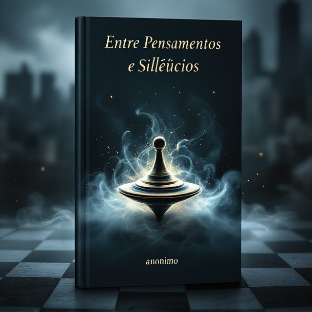 A lone spinning top positioned on a black chessboard, enveloped by swirling, enigmatic mist that meanders around its base. In the background, a shadowy, distant cityscape fades into an ethereal blend of moody, dark blues and deep purples, creating a somber and contemplative mood.