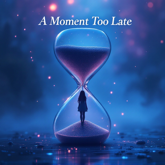 The cover features a large, transparent hourglass occupying the center, its sands flowing slowly and subtly glowing. Inside the upper bulb, a silhouette of a girl is seen, seemingly trapped as sands begin to pour around her. The background is a dreamy, misty landscape in shades of deep blue and purple, with ethereal light filtering through, hinting at a magical world.