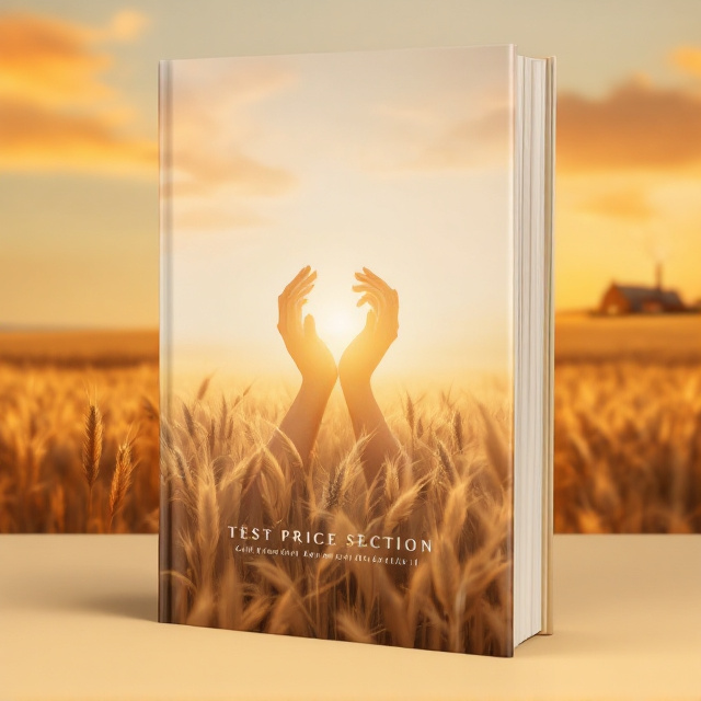 A serene sunset over a large, open field filled with golden, swaying wheat. In the background, there's a small, rustic farmhouse with smoke gently rising from its chimney, evoking warmth and stability. A translucent silhouette of two clasped hands hovers in the sky over the field, symbolizing compassion and connection. The overall color palette consists of warm earth tones, such as gold, terracotta, and soft sky blues, blending together harmoniously.