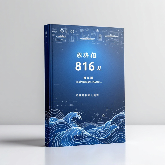 The book cover will feature a deep blue background, representing stability and professionalism. An abstract wave design in lighter shades of blue will span across the bottom area, symbolizing ships and water. In the upper section, mathematical diagrams and ship sketches rendered in white create a scientific and technological vibe. The main title, "816 船舶静力学", will be prominently placed horizontally in bold font across the middle. A faint, gradient spotlight effect in white will highlight the title area, reinforcing its importance. The author name, "大连海事大学", will be positioned tightly below the title in smaller but visible font. Supporting text ("【4-1 真题册】 大连海事大学初试…") will appear under the author name in organized, evenly spaced blocks with clear dividers.
