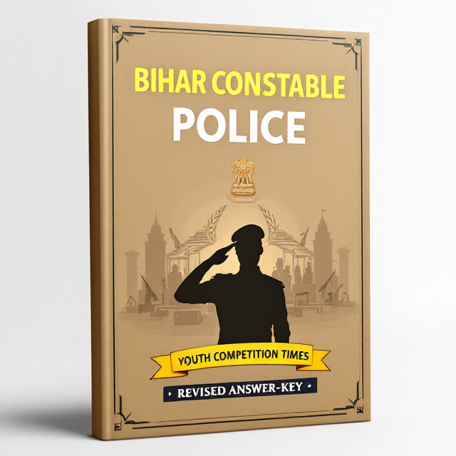 The cover features a bold khaki background symbolizing the Bihar Police uniform, with an emblematic representation of the Bihar Police logo in the center. Below the emblem, a silhouette of a confident young candidate saluting is positioned to convey a sense of aspiration and pride. The top portion of the cover displays a faint layered design of a police station, weapons, and law enforcement tools subtly blended into the background. The words "BIHAR CONSTABLE POLICE" are highlighted prominently across the top with a bright, contrast-enhancing hue. At the bottom of the cover, the text "YOUTH COMPETITION TIMES" is presented within a decorative yet professional ribbon-style banner.