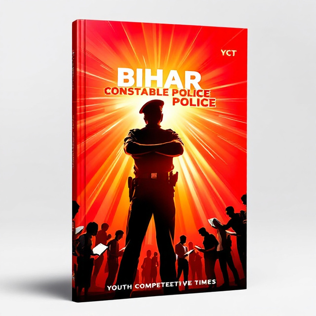 A dynamic and powerful cover featuring a silhouetted image of a confident police constable standing tall under the Indian flag in the background. The flag has subtle ribbons of light flowing across it, symbolizing hope and aspiration. Youthful individuals with books and notepads are placed in the lower third of the cover to resonate with competitive exam aspirants. The background is primarily red, paired with a gradient that gives depth to the design. The title "BIHAR CONSTABLE POLICE" is showcased prominently in bold and angular lettering, giving a sense of authority. The "YOUTH COMPETITION TIMES" tagline is placed just below the title in a slightly lighter tone for balance.