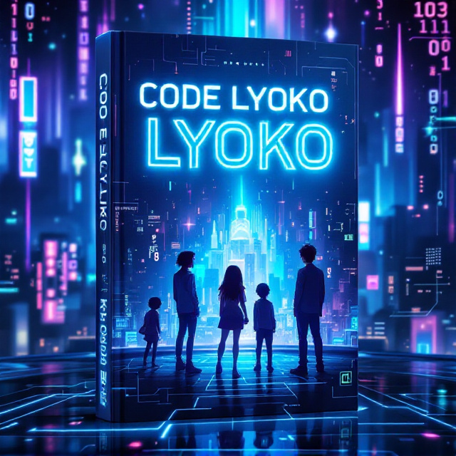 An enchanting virtual world scene prominently features 2 girls and 3 boys, depicted as group figures standing on an elevated platform overlooking a neon-lit, sprawling digital city environment. The background subtly incorporates wave-like binary code patterns and holographic glyphs in shades of luminous blue, with hints of violet accents. Energetic beams of light trace through the scene, symbolizing technology and a connected virtual network.