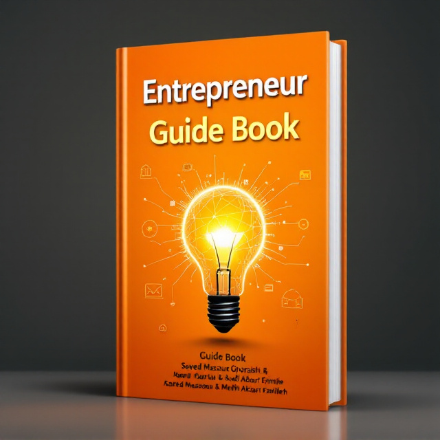 Bold, dynamic imagery with a glowing lightbulb in the center symbolizing ideas and innovation. The lightbulb is surrounded by subtle network lines or gears to represent entrepreneurial concepts and connections. The background gradually transitions from a vibrant orange at the top to a sunny yellow at the bottom, exuding positivity, energy, and guidance. Minimalist icons related to entrepreneurship (like briefcases, charts, or graphs) subtly overlay the background for added texture.