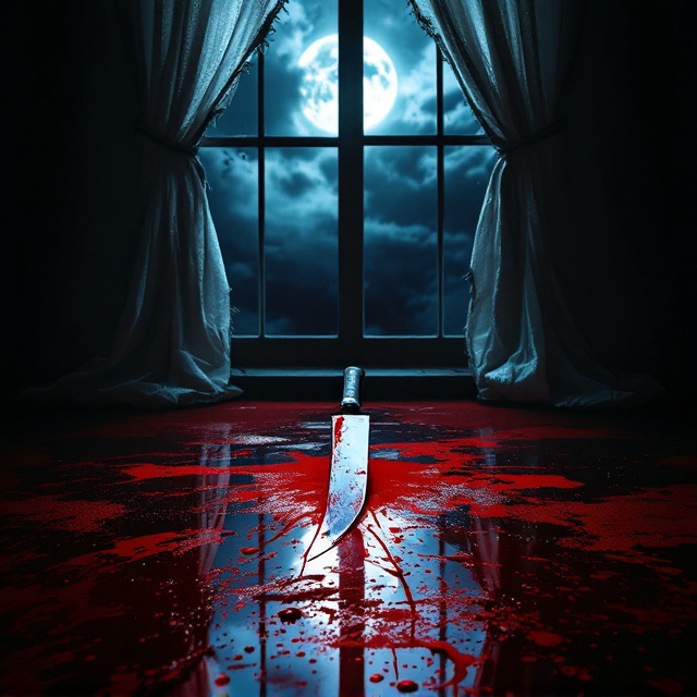 The cover features a dark, shadowy room with an open window that lets moonlight spill in like liquid silver onto the red-soaked carpet. A bloody knife lies abandoned on the floor at the center, glimmering ominously in the faint light. The faint outline of a figure (Anemone) is reflected in the gleaming blade—her expression distorted, frantic, yet unyieldingly grim. The slashed, tattered curtains wildly flail in the wind, framing a chilling view of the moonlit sky. Blood splatters subtly adorn the edges of the cover, drawing the viewer's gaze inward toward the knife and its dreadful scene.