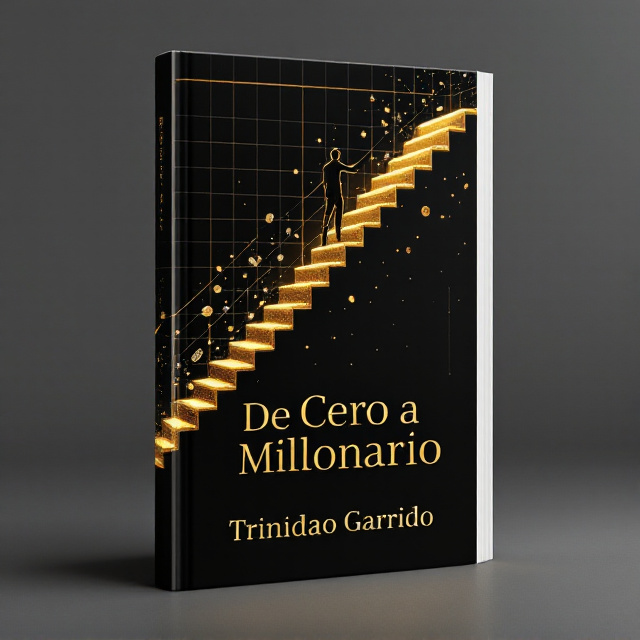 A bold golden staircase ascends diagonally across a sleek black background, bordered by faint, shining silver accents. At the top of the staircase is the silhouette of a climbing figure, with arms reaching upward toward a subtle golden graph line that ascends across the top of the cover. Surrounding the lower steps, faintly glowing coins and banknotes seem to float upward, adding a sense of movement and prosperity. Faint grid lines in gray decorate the background, reinforcing the idea of progress and growth in a modern style.