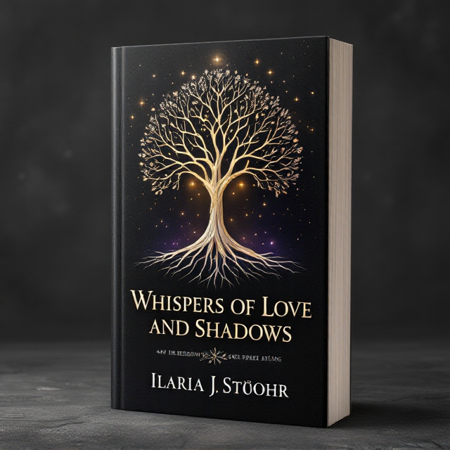 A metallic tree of life with intricate branches and roots in gold or silver occupies the center of a black, textured background. The background fades subtly into shadows along the edges, creating an ethereal glow around the tree. Soft rays of warm light emanate from behind the metallic icon, symbolizing hope and love penetrating the surrounding darkness. Twinkling stars are scattered lightly across the dark sky above the tree. Edge highlights and faint overlays of crimson and deep violet represent the romance and emotional depth.