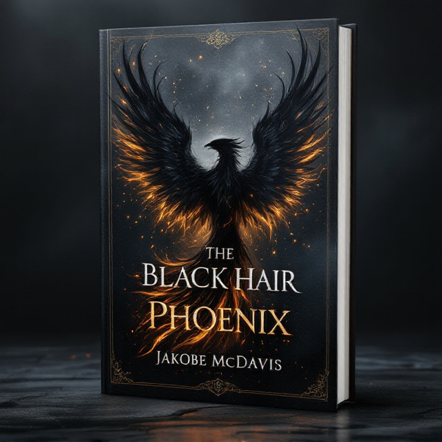 A shadowy, mystical phoenix with feathered flames subtly glowing in shades of black, dark gray, and silver dominates the center of the cover, its imposing wings in a sharp upward spread, symbolizing power and ascension. The background fades into a textured, stormy gradient of dark charcoal and black, creating a sense of depth and mystery. Delicate, swirling embers and faint, glowing runes circle around the phoenix’s body, giving a magical and fantastical appeal. The overall mood is dramatic, immersive, and empowering.