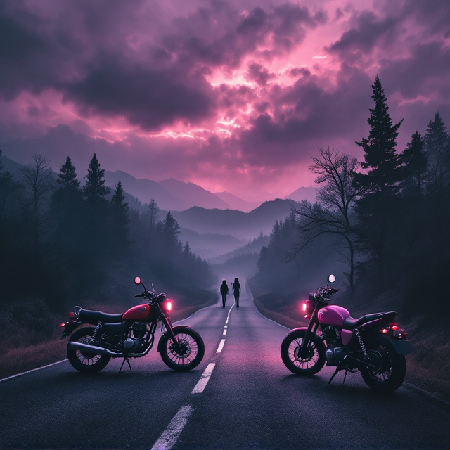 Two motorbikes, one red and black and the other pink, are parked side by side on a winding, deserted road. The road disappears into the distance beneath a stormy purple-grey sky with faint slivers of sunlight breaking the clouds. Shadowy trees line the road, creating a haunting, mysterious atmosphere. At the top faint silhouettes of two women, standing apart yet gazing toward the horizon, are softly blended into the dusky background. The entire scene is bathed in dark, moody tones with subtle red accents.
