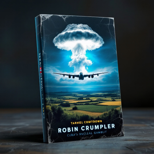 A dark blue sky spans the top half of the cover, illuminated by the ominous glare from the silhouette of a mushroom cloud in the distance. Dominating the center is a B-52 bomber flying low over a peaceful panoramic view of North Carolina farmland, rendered in shades of green and brown. On the left edge is a striking black-and-white image of Fidel Castro, his intense gaze reflecting defiance. To the right of Castro, the Soviet flag and American stars-and-stripes clash with overlapping edges, symbolizing heightened Cold War tension. The entire composition is surrounded by subtle distress marks and cracks to emulate a grim, vintage aesthetic tied to the 1960s era.