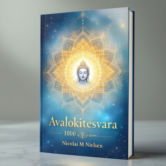 A serene depiction of Avalokitesvara with 1000 arms radiating outward in a golden mandala-like pattern centered on the cover. The image is surrounded by a gradient of celestial blues and whites, blending into soft pastel hues, evoking divinity and tranquility. Avalokitesvara’s face exhibits a gentle, serene expression of perfect compassion and love, with subtle light beams emanating from his figure. Behind him, faint lotus flower designs softly fade into the background, symbolizing purity.