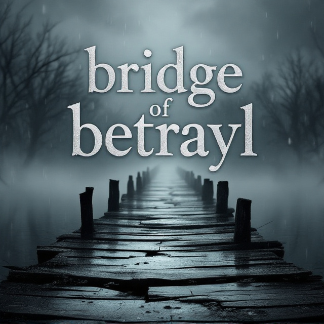 A dark, foggy bridge stretches across the cover, disappearing into the distance. Broken planks of the bridge are visible, with faint, mysterious footprints leading to the edge. The background shows a dim, overcast sky with faint silhouettes of barren trees. The atmosphere exudes melancholy and betrayal, complemented by scattered drops of rain on the bridge and a faint reflection in puddles.