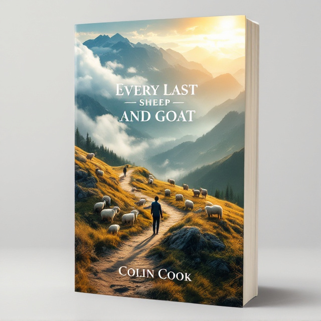 A serene mountain landscape with a trail winding into the distance. On the left side, a group of sheep appear scattered, looking confused amidst misty clouds. On the right side, a few goats stand on a sunlit ridge bathed in golden light. The scene transitions from the cloudy, shadowy side on the left to a bright, radiant sky on the right. A figure is shown standing in between, extending their hand towards the sheep, symbolizing the act of guiding or uniting.