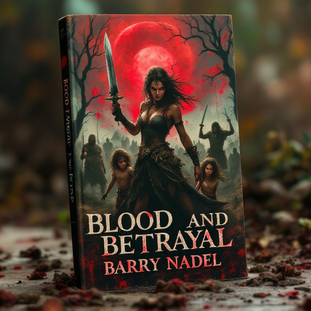 The cover depicts a grim, dark battlefield. The central focus is on a fierce woman with disheveled hair, drenched in sweat and smeared with blood. She is wielding a sword in one hand and a knife in the other, fighting valiantly against surrounding barbarians wearing rugged battle attire. Her two daughters, visibly frightened, cling to her legs. There is a slight rise with a small corpse of twisted, gnarled trees in the background, and the field around them is strewn with the bodies of fallen soldiers. The atmosphere is enhanced by a crimson-red sky, hinting at the intensity of battle and betrayal, with a soft green and brown tint applied to the ground and trees.