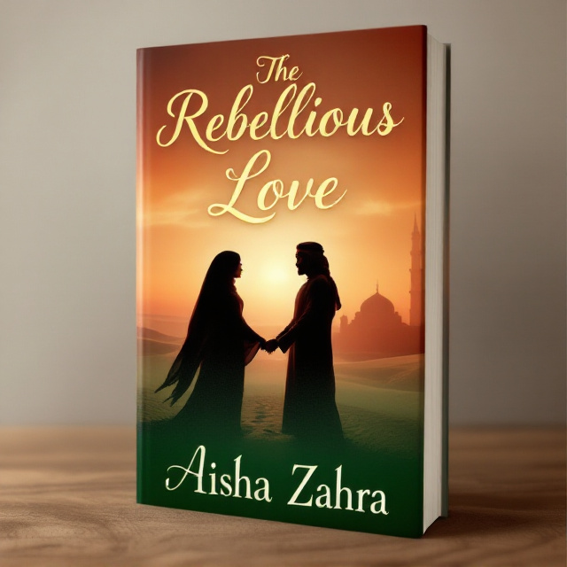A serene desert sunset with an orangish-red sky blending into green hues at the bottom, symbolizing love and spirituality. In the foreground, a silhouette of a veiled woman (Nadia) and a man in a traditional Saudi thobe (Bilal) are standing apart but reaching towards each other, expressing longing and rebellion against cultural barriers. In the background, the faint outline of a mosque minaret adds a subtle Islamic touch.