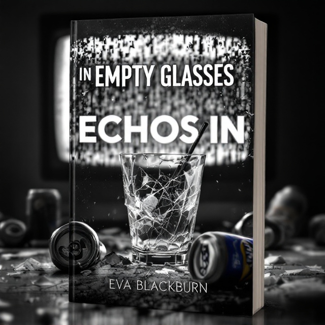 The cover features a broken glass cup prominently placed in the foreground with sharp shards scattered around. A static-filled TV in grayscale casts an eerie glow in the background, slightly faded to give depth. Around the broken glass cup are crushed beer cans and an empty Fanta bottle lying askew, creating a chaotic yet poignant scene. The overall color scheme is dominated by black and white tones for a somber effect, with subtle touches of muted colors for the bottle and cans.