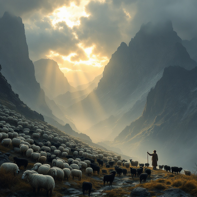 standing book mockup, Its title is "Every Last Sheep - And Goat".  A towering backdrop of stormy, cloudy, gray mountains opens the scene. In the foreground, a stark contrast is created with masses of white sheep clustered prominently on a jagged hill slope, while black goats gather ominously in the shadowed valley below. Rays of warm golden sunlight break through heavy clouds on the horizon, leading towards an opening of radiant, sunlit fields in the distance. At the intersection of light and darkness, a lone shepherd stands, stretching out his staff. Serif font with elegant, hand-carved details. The book title is rendered in a distressed style, transitioning sharply between dark gray for "Every Last Sheep" and black for "And Goat." Subtle gradient light edges are added to evoke a sense of otherworldly illumination., The title is placed prominently at the mid-top against the dramatic mountain backdrop, while the shepherd and sheep dominate the lower third. The rays of sunlight lead the viewer's eye directly to the horizon, giving a sense of transition and clarity. The area where the author's name typically appears should be left completely blank, with no text or placeholder.