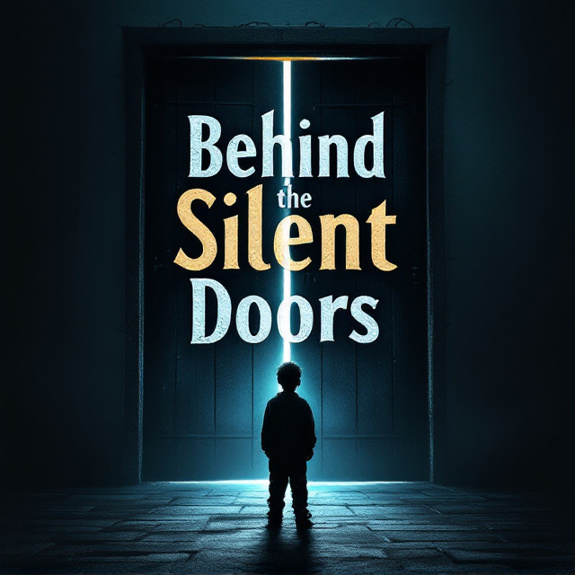 A dark, almost black background with a faint, cold bluish hue. At the center is a pair of massive, shadowy doors, slightly ajar, allowing a thin shaft of cold light to penetrate the darkness. The silhouette of a small boy, clad in ragged clothing, stands in the foreground, gazing at the doors. Barbed wires subtly outline the top and bottom of the cover, hinting at imprisonment. The title "Behind the Silent Doors" is imposed over the doors with a weathered, distressed texture and is slightly translucent to blend with the somber mood.