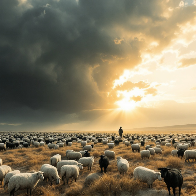 An expansive, deserted open country landscape stretches across the cover in soft, subdued tones. Large masses of white sheep and black goats are positioned across the ground, their silhouettes scattered and unevenly grouped to create an impression of disorder. On the left side, dark storm clouds loom menacingly, their shadows extending onto the terrain. Opposite this, on the right, the sky transforms into a bright, glowing sunrise, casting a golden light onto the sheep and goats. A central figure of a shepherd, depicted mid-step as if in search, is positioned slightly to the right but walking toward the center, bridging the stark contrast between the clouds and the sunlight.