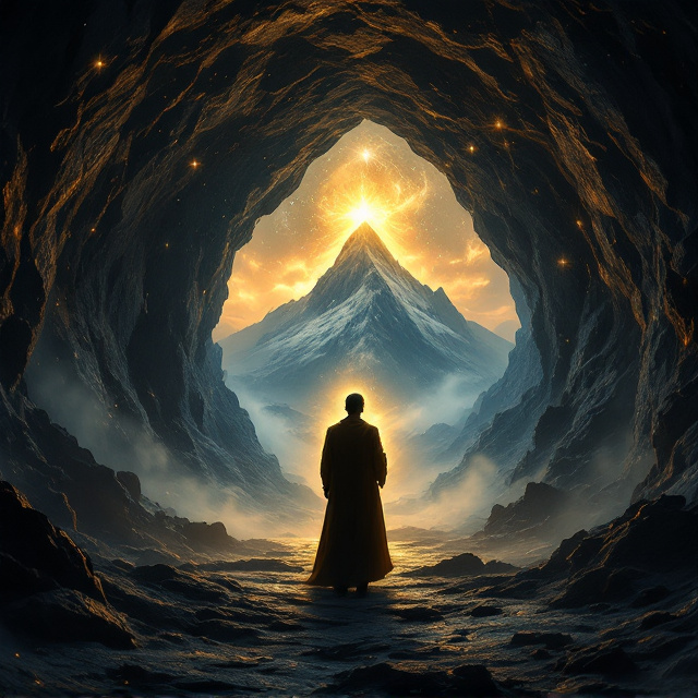 A lone figure stands in the center of a dark, mystical cave rendered with sharp, cinematic detail. The figure is positioned near the bottom of the cover, holding the radiant "Reflection Stone" securely in both hands. The stone glows with mesmerizing golden light, which subtly illuminates the face of the figure. The glow reveals three reflective versions of his face within the stone, arranged in a triangular composition (fear, ambition, serenity). Overhead, the dark, jagged ceiling of the cave frames the top of the design, with engravings of an ancient, forgotten civilization barely visible on the walls. Swirling mist encircles the figure, blending into the dark tones of the cave. In the distant background, the silhouette of the cave’s opening reveals a vast, starry sky with a towering mountain and an approaching storm.