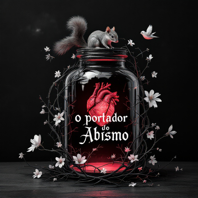 A large, ornate glass jar occupies the lower third of the cover, with a realistic, anatomically correct human heart inside, glowing faintly in vibrant red. Encircling the jar are delicate white flowers intertwined with sharp, intricate gray-black thorns that create contrast against the dark background. Perched on the lid of the jar is a finely detailed gray squirrel, its slim tail curving to frame the top of the jar. Two small rouxinóis (nightingales) hover just above the jar, one on each side, as if circling it protectively. The scene is rendered entirely in gray and black ink except for the vivid red heart. The background is a textured matte black, with faint swirling shadows to evoke mystery and depth.