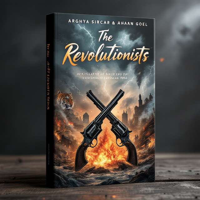 The cover depicts a chaotic, action-packed scene of Kolkata in the 1800s. The city is engulfed in explosions, smoke billowing up into the stormy sky. On the left side, a tiger prowls menacingly, its gaze intense, symbolizing ferocity. On the right, a turbulent river rushes under the shadow of lightning bolts from dark, storm-laden clouds. A partially derailed steam train crashes in the background, adding to the mayhem. In the center, two revolvers cross over a flaming explosion, creating a focal point. The overall color scheme uses deep fiery oranges, stormy grays, and smoky silvers to evoke tension and energy.