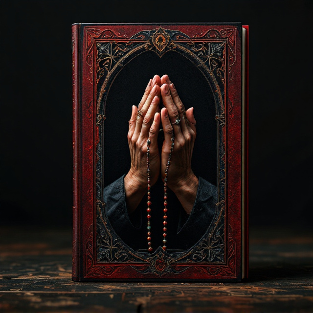 A pair of priestly hands is clasped in prayer, holding intricately detailed prayer beads adorned with subtle symbols. A rich, gothic dark red border frames the composition, featuring finely carved patterns reminiscent of cathedral arches. The background is a shadowy gradient transitioning from black to a muted crimson, emphasizing the mood of darkness and secrecy. The hands and beads emerge prominently, creating a vulnerable yet reverent imagery.
