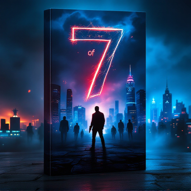 A dark, dystopian cityscape is shown, divided into seven distinct regions using glowing neon lines in various colors, symbolizing the separation of territories. In the center, an ominous silhouette of the main character, Farhan, holds a firearm, faintly illuminated by a hint of red light. Shadowy figures lurk in the background, representing gang members. A massive "7" is etched into the clouds above the city skyline, shrouded with smoke and highlighted subtly with glaring, golden cracks. A sinister yet paradoxical smile is faintly drawn within the "7".