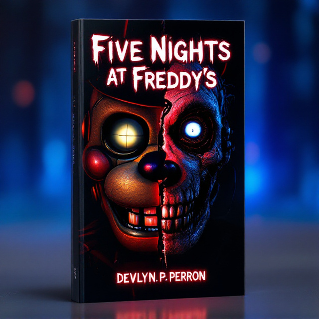 A haunting close-up of a face split vertically down the middle. The left side is Freddy Fazbear’s face with polished metallic features, glowing eyes, and a sinister grin, while the right side is Withered Freddy, featuring decayed animatronic textures, exposed wires, and fading color. The background fades into darkness, with faint, eerie red and blue ambient lighting.