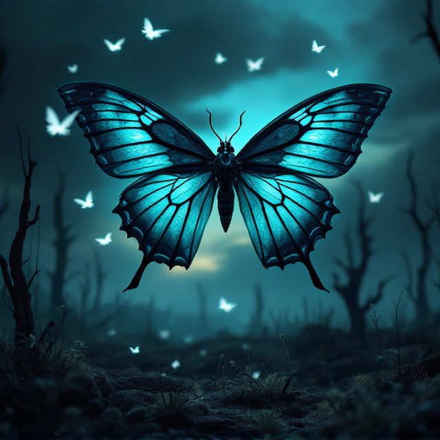 A majestic black moth with teal iridescent wings dominates the foreground, its details intricately rendered, showcasing the veins and texture on its wings. Surrounding the "queen" moth are ethereal smaller white pearly moths, their delicate wings glowing faintly as they flutter against a backdrop of a ruined, desolate landscape. The environment features half-dead trees silhouetted against a dusky twilight sky with hints of teal and blue Labradorite hues blending into the horizon. Scattered among the trees are resilient patches of sturdy grasses. The overall mood exudes empowerment and reclamation, with the moths seemingly heralding revival amidst ruin.