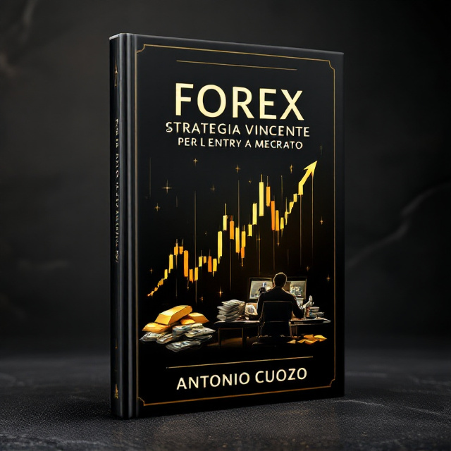 A luxurious black and gold color scheme dominates the cover, with an upward-sloping trading chart graph cutting across the middle, symbolizing financial growth and success. Luxurious elements such as a gold bar stack, dollar bills, and a sleek modern font for the title add a sense of wealth. The background subtly fades into an elegant texture resembling leather or brushed metal for a premium feel. At the top center, the title is prominently displayed, and below it, there’s a silhouette of a professional trader at their workstation, emphasizing expertise. The author’s name, "Antonio Cuozzo," is placed stylishly at the bottom in bold gold letters.