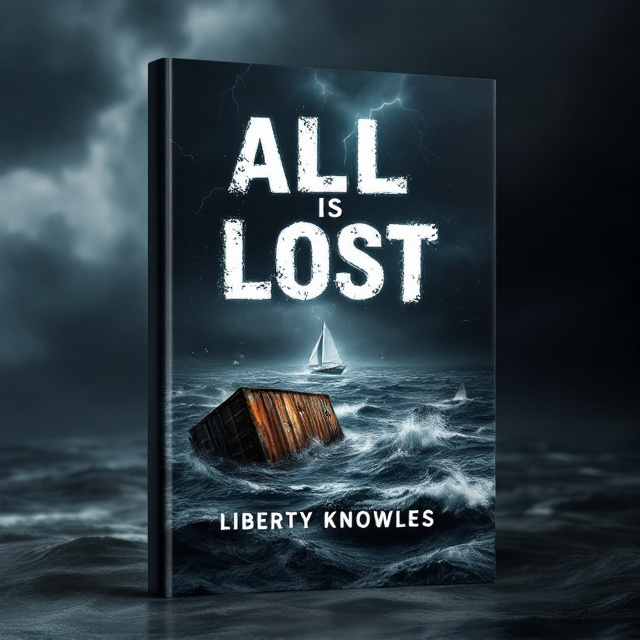 A dark, ominous ocean spans the entire cover, its turbulent waves hinting at an impending storm. In the foreground, a small, damaged sailboat tilts against the water as a rusted, half-submerged shipping container looms nearby. The sky is a stormy gray-black with hints of lightning breaking through the clouds. In the distance, sharks’ fins cut through the water near the boat. The title glows faintly in white amidst the chaos, while the author’s name is placed subtly in the lower third, aligned with the curvature of a wave.