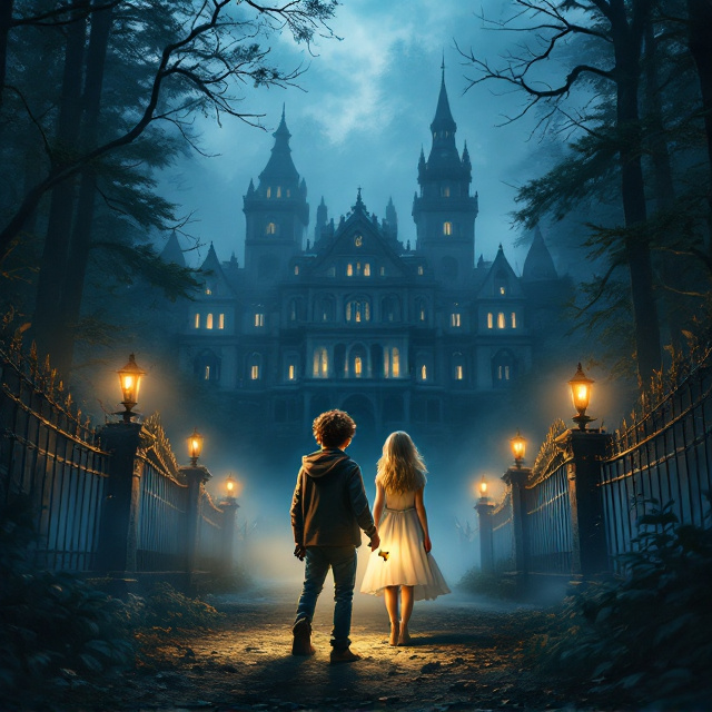 A sprawling, haunted-looking grand hotel is depicted in the center of the cover, surrounded by thick woods. Fog is illustrated climbing ominously over the front of the hotel grounds, blurring parts of the gates encircling the woods. The boy with brown curly hair holding a flashlight is placed in the foreground, casting light onto the fog. Behind him stands a teenage girl with dirty blonde hair, holding an antique golden key tightly in her hand. Subtle eerie lighting adorns the edges of the image to amplify the suspenseful mood.