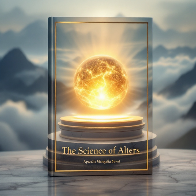 The cover features a central glowing orb that radiates soft golden light, placed atop an elegant, ancient-looking pedestal. The pedestal is textured to resemble marble or stone. The backdrop showcases ethereal mountains with peaks shrouded in misty clouds, tinged in hues of soft blues and grays. Subtle rays of light break through the clouds, creating a divine and spiritual atmosphere. The lower portion of the cover transitions into a layer of earthy tones to add contrast.