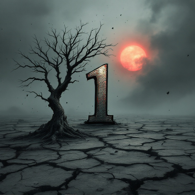 A grim, post-apocalyptic setting is featured. The foreground depicts a cracked, barren earth with a solitary, jagged tree devoid of leaves. The background is an ominous, ash-gray sky with a faint, blood-red sun struggling to break through dark clouds. The title "1" is prominently displayed in the center, with debris floating subtly in the air to enhance the desolate atmosphere.