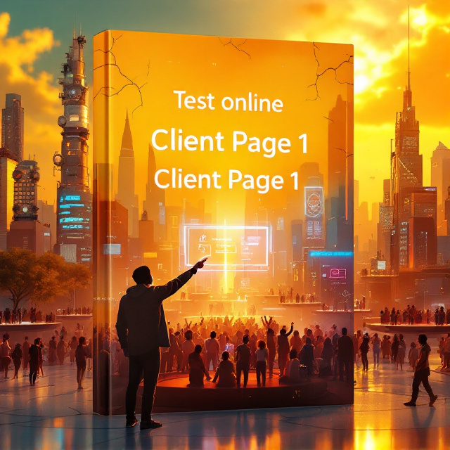 A futuristic urban skyline under a bright, golden sky, filled with exaggeratedly joyful people gathering on flying platforms. The city exudes a utopian appearance, but subtle cracks in the structures hint at hidden flaws. In the foreground, a figure with a radiant smile points towards a glowing digital screen that reads "Client Page 1." Bright, cheerful colors of yellows, oranges, and electric blues dominate the palette, lending an illusion of happiness.