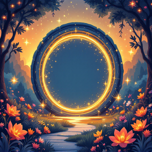 An illustration of a whimsical, magical forest with oversized, glowing flowers and playful woodland creatures scattered around. The background shows a gradient sky transitioning from a warm sunset orange to a twilight blue, with floating sparkles like fireflies. A large, enchanted portal is framed at the center with swirling golden light coming from it.