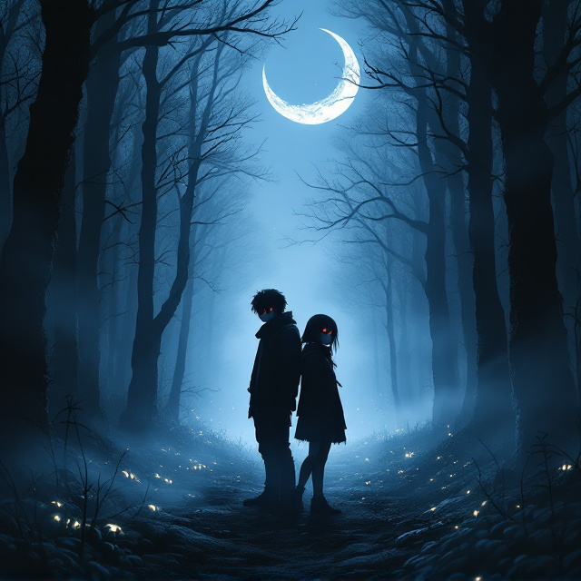The cover depicts a dark and eerie forest at night with a cold blue tint. Mist weaves through the tall, shadowy trees, creating an enigmatic atmosphere. Toti and Kurumi stand back-to-back in the center of the composition, their silhouettes highlighted by faint moonlight. Kurumi’s heterochromatic eyes—one red and one yellow—are clearly visible and glowing faintly, adding an otherworldly touch. Their expressions radiate determination and resilience, despite their haunting surroundings. Faintly in the background, glowing eyes are scattered amidst the shadows, hinting at unseen dangers. Above, a crescent moon framed by wispy clouds casts a subtle glow, tying the elements together.