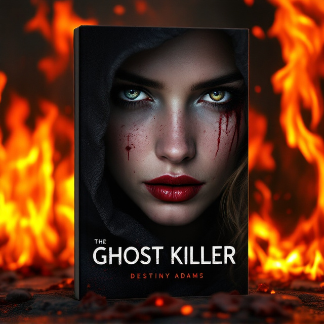 The cover showcases a close-up of Isla Grey's face, the central and sole visual element. Her gaze is piercing, filled with intensity, and reflecting her unwavering determination. Her face is marked with streaks of blood, emphasizing her brutal vigilante role. A vicious scar cuts across her eye, symbolizing the weight of her past and her resolve. Her dark cloak frames her face, blending into the fiery background. Behind her, roaring flames dominate, creating an aura of danger and destruction synonymous with her path of revenge. The vivid contrast between the dark cloak and the glowing blaze creates a suspenseful and thrilling visual narrative.