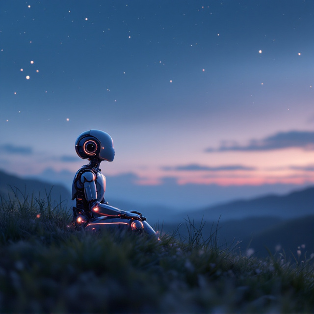 A serene, twilight sky fading from soft blues to dusky purples with a smattering of stars. In the foreground, a robot boy sits on a grassy hill, gazing upward, his metallic body catching a glimmer of the faint starlight. The robot boy is designed with a sleek, futuristic style, featuring a combination of warm metallic tones and glowing accents on his torso and limbs. The overall ambiance evokes wonder, curiosity, and a sense of longing.