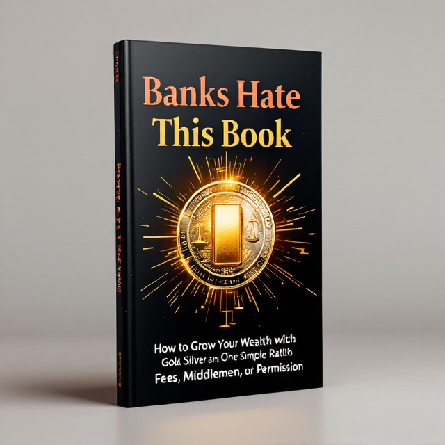 A striking image of a gold bar and a silver coin intersecting in the center of the cover against a deep black background, with shards of glowing light emanating outward. The title, "Banks Hate This Book," is bold, provocative, and positioned at the top center in red lettering, signifying urgency. A balance scale subtly overlaid behind the text conveys the idea of financial balance and wealth growth.
